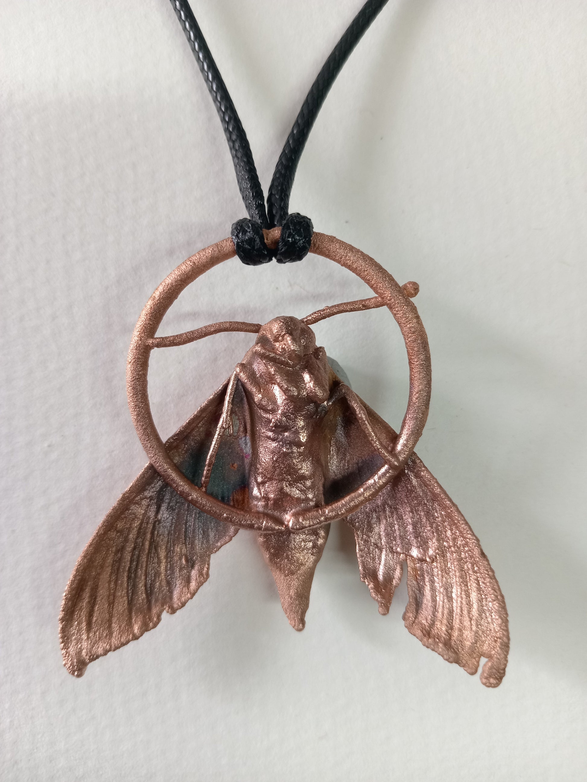 Copper electroformed moth close-up, patina finish, unique nature-inspired pendant, Obscure Art
