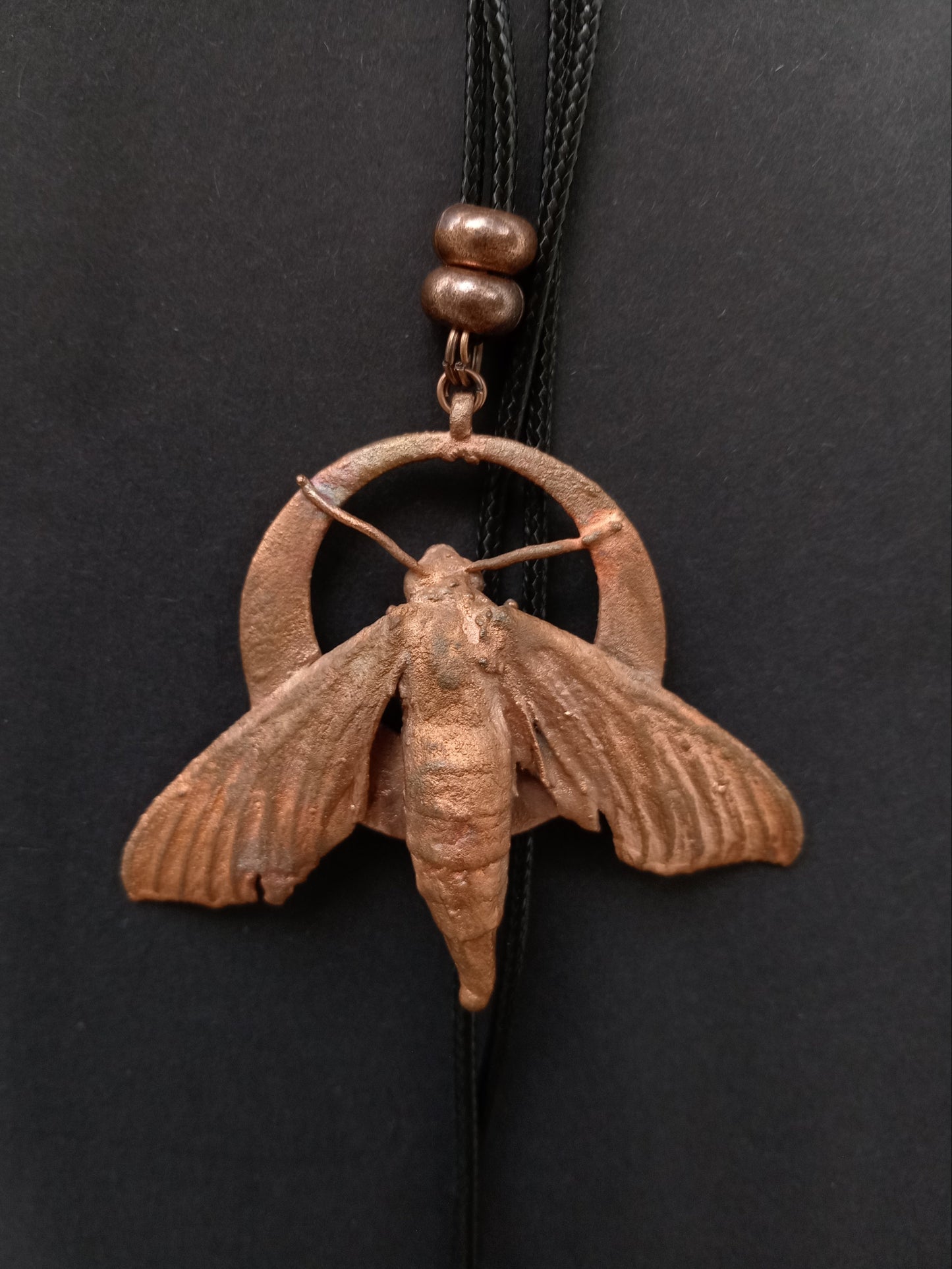 Copper moth pendant on chain, handcrafted talisman jewellery, Obscure Art South Africa