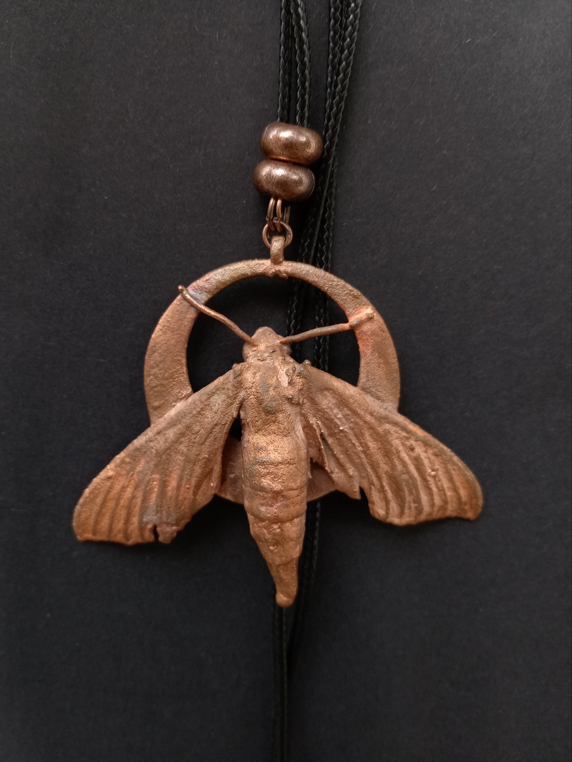 Copper moth pendant on chain, handcrafted talisman jewellery, Obscure Art South Africa